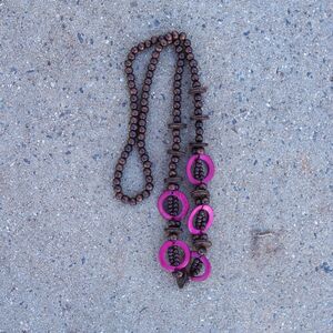Boho Wood Beaded Necklace Brown Pink Statement Ethnic Tribal Long
